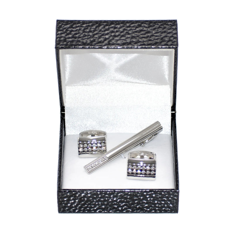 Silver Crystal Row Cufflink Tie-Bar Set