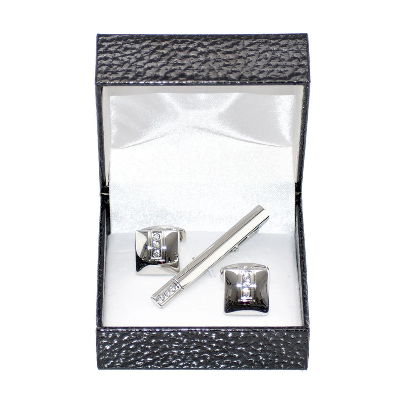 Silver Modernist Crystal Cufflink Tie-Bar Set