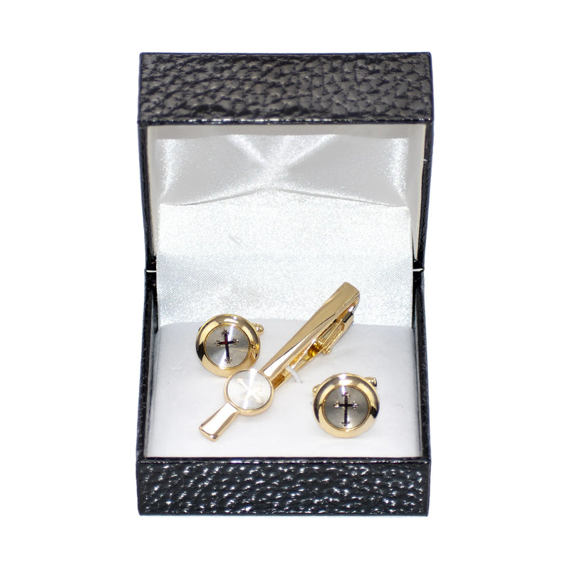 Gold Cross Cufflink Tie-Bar Set