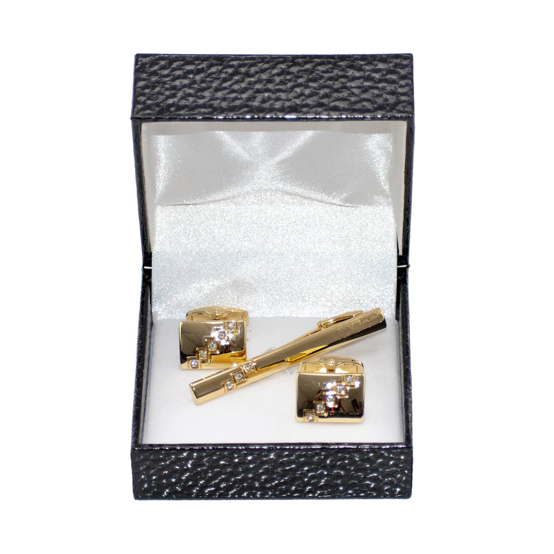 Gold Diagonal Crystal Cufflink Tie-Bar Set
