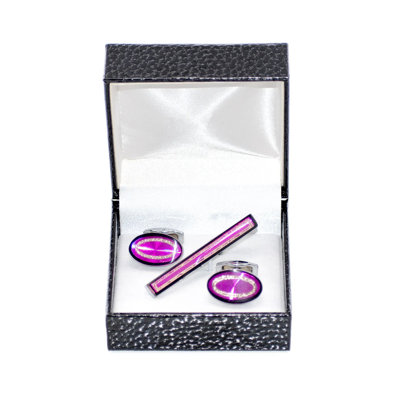Fuchsia Filigreed Cufflink Tie-Bar Set