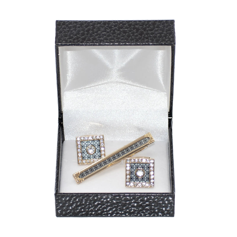Gold Crystal Square Cufflink Tie-Bar Set
