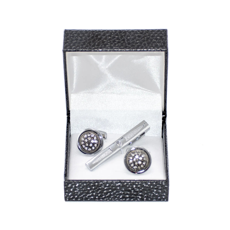 Silver Crystal Shield Cufflink Tie-Bar Set