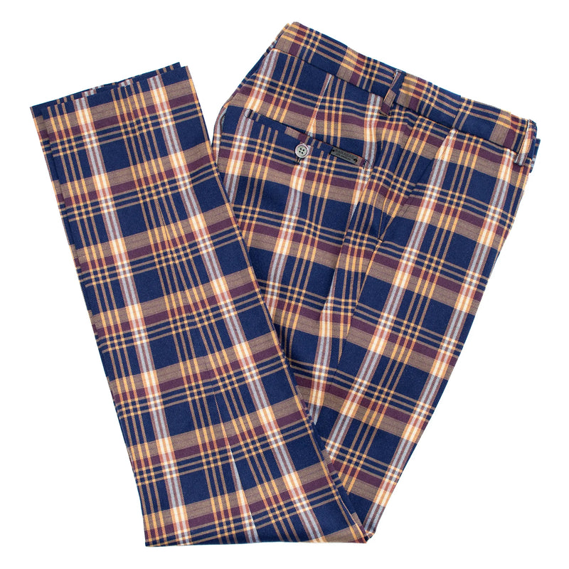 Navy & Orange Plaid Regular-Fit Designer Pants
