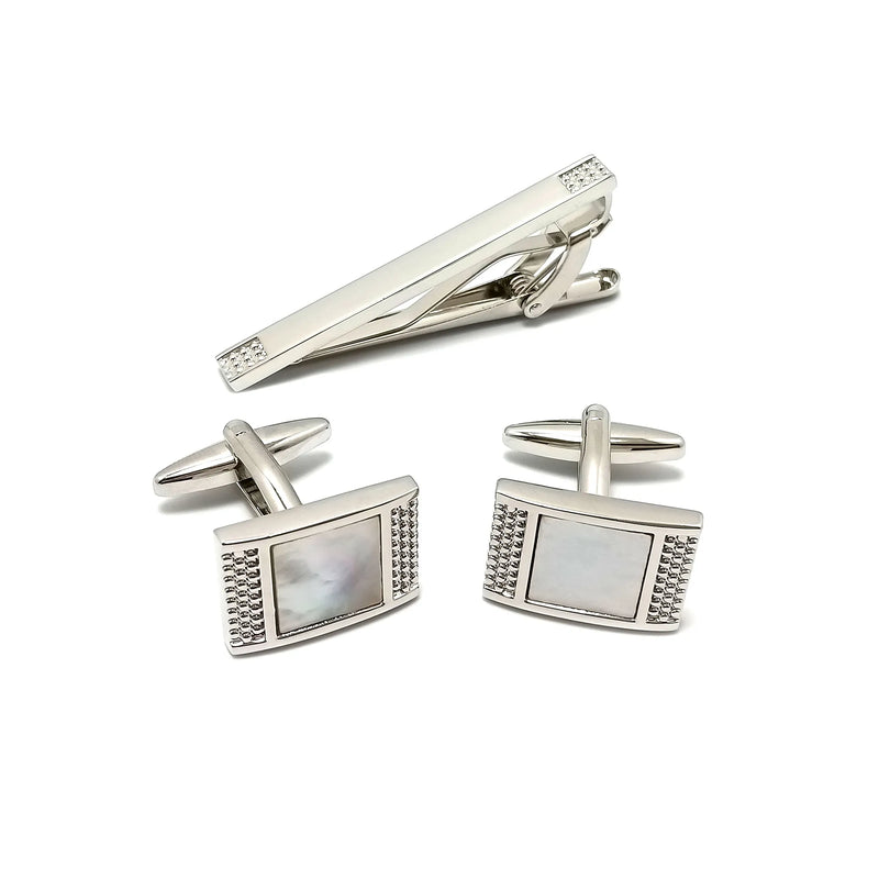 Mother of Pearl Silver Cufflinks & Tie Bar