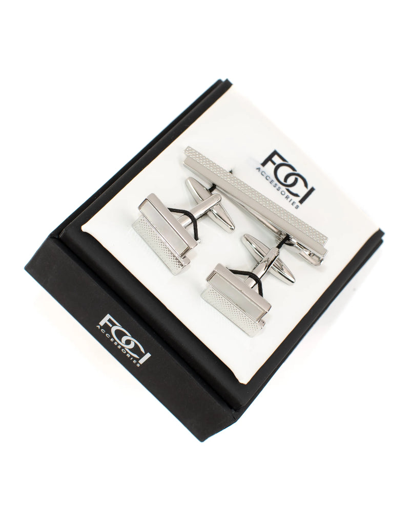 Offset Mother of Pearl Cufflinks & Tie-Bar Set