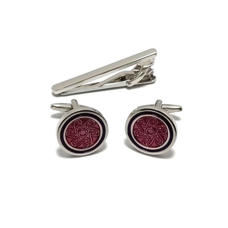 Silver & Red Roundel Cufflinks & Tie-Bar Set