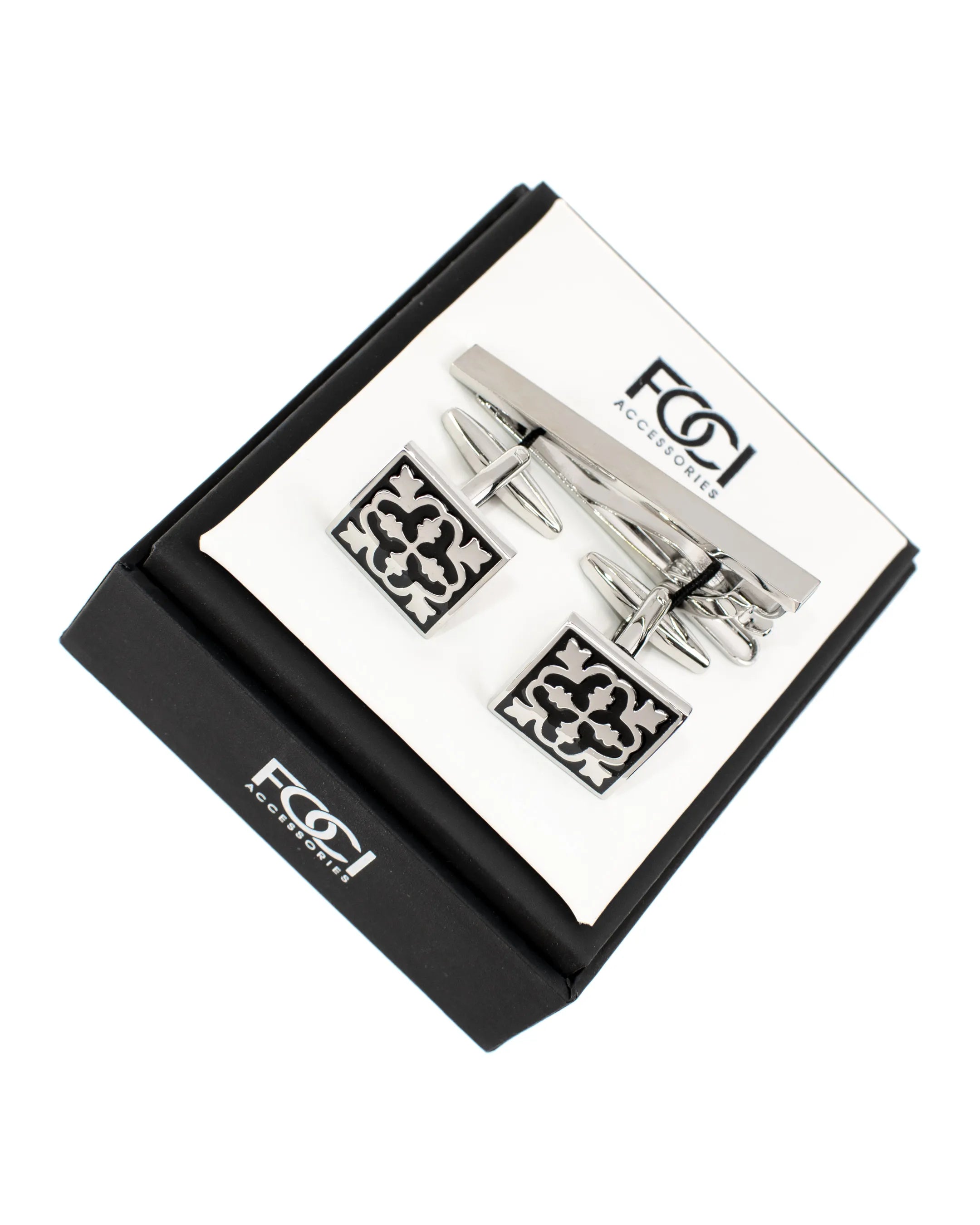 Square Filigree Cufflinks & Tie-Bar Set