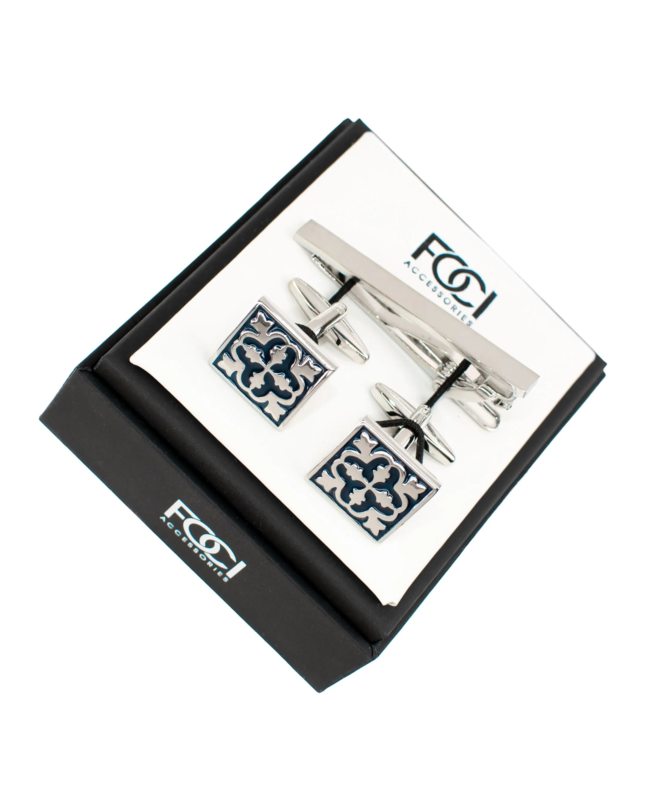 Square Filigree Cufflinks & Tie-Bar Set