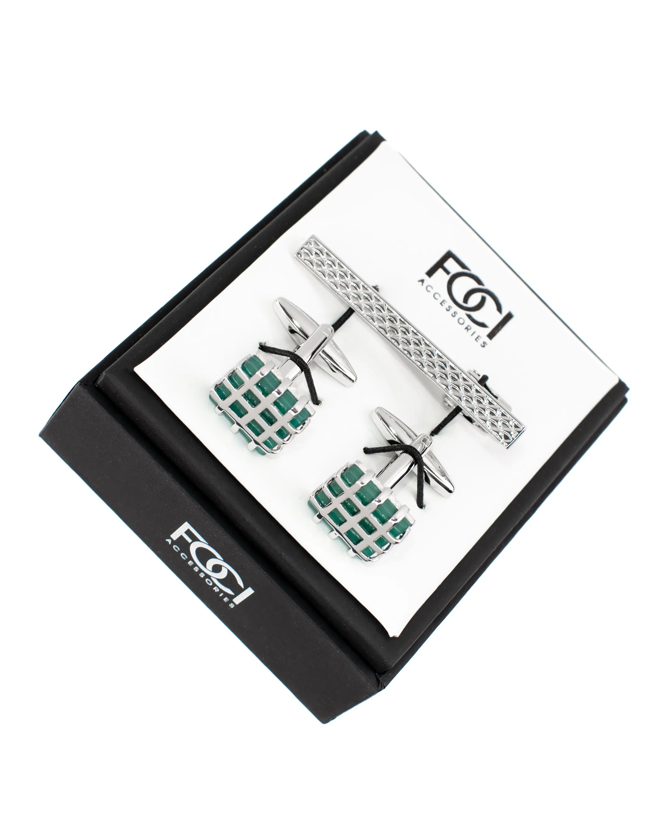 Lattice Encased Jade Square Cufflinks & Tie-Bar Set