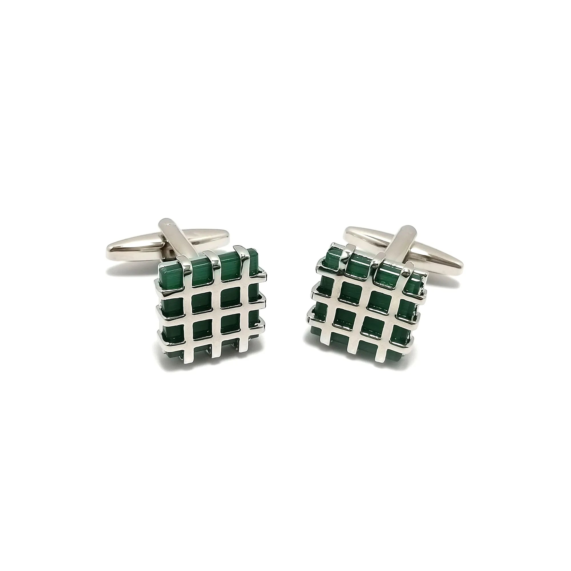 Lattice Encased Jade Square Cufflinks & Tie-Bar Set