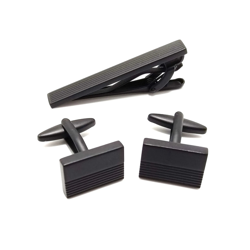 Black on Black Lined Cufflinks & Tie-Bar Set