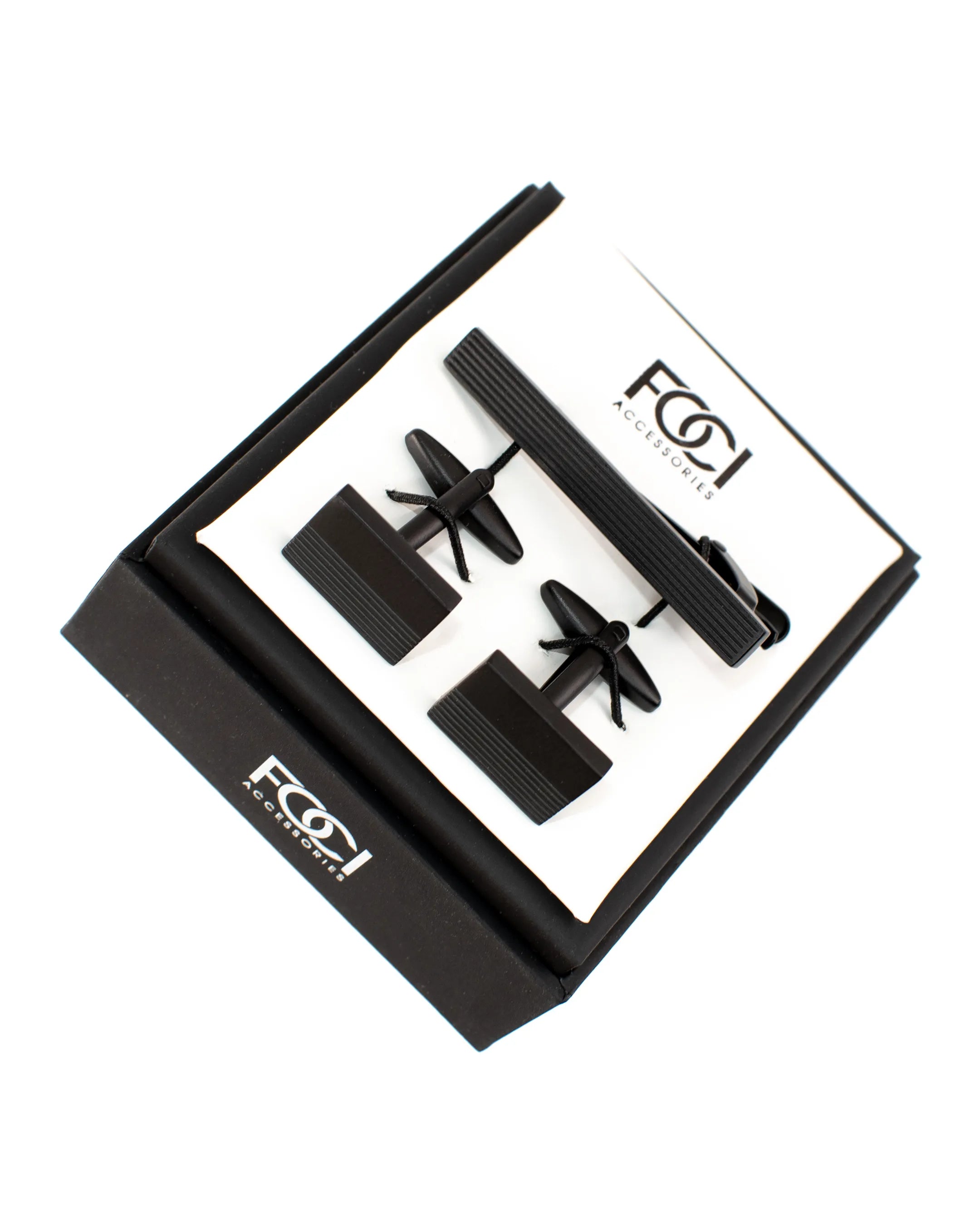 Black on Black Lined Cufflinks & Tie-Bar Set