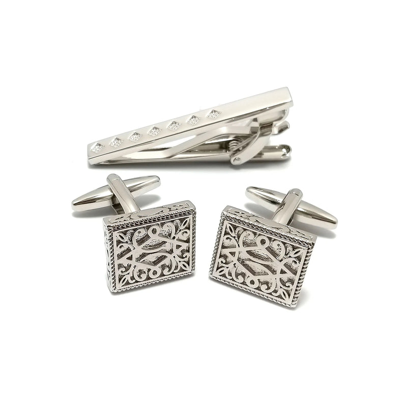 Silver Filigree Cufflinks & Tie-Bar Set