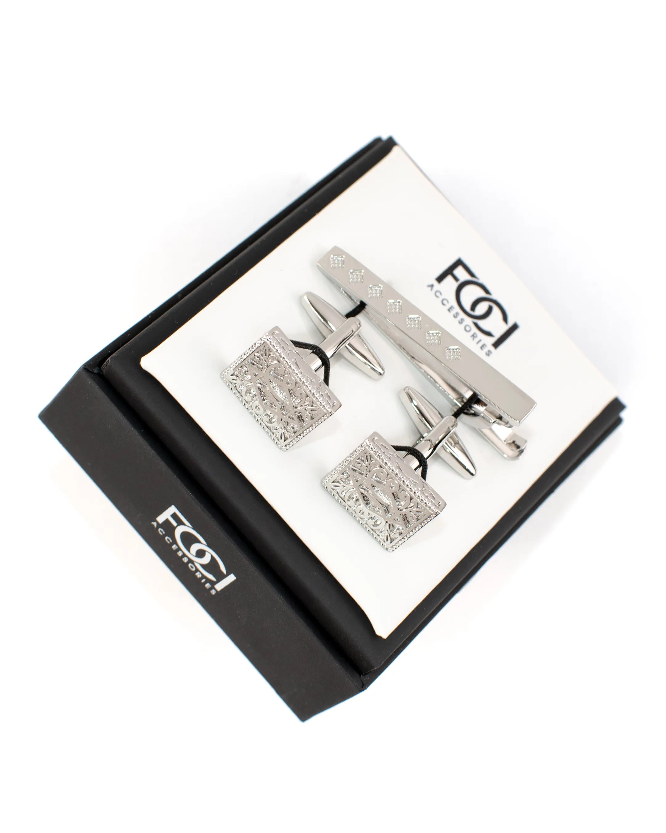 Silver Filigree Cufflinks & Tie-Bar Set