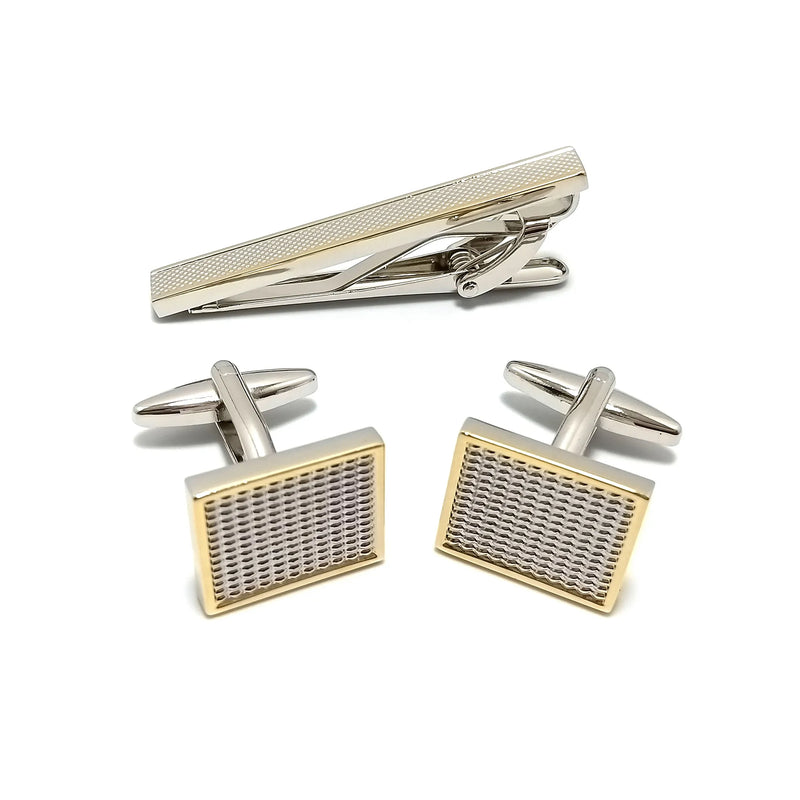 Two-Toned Diamond Plated Cufflinks & Tie-Bar Set