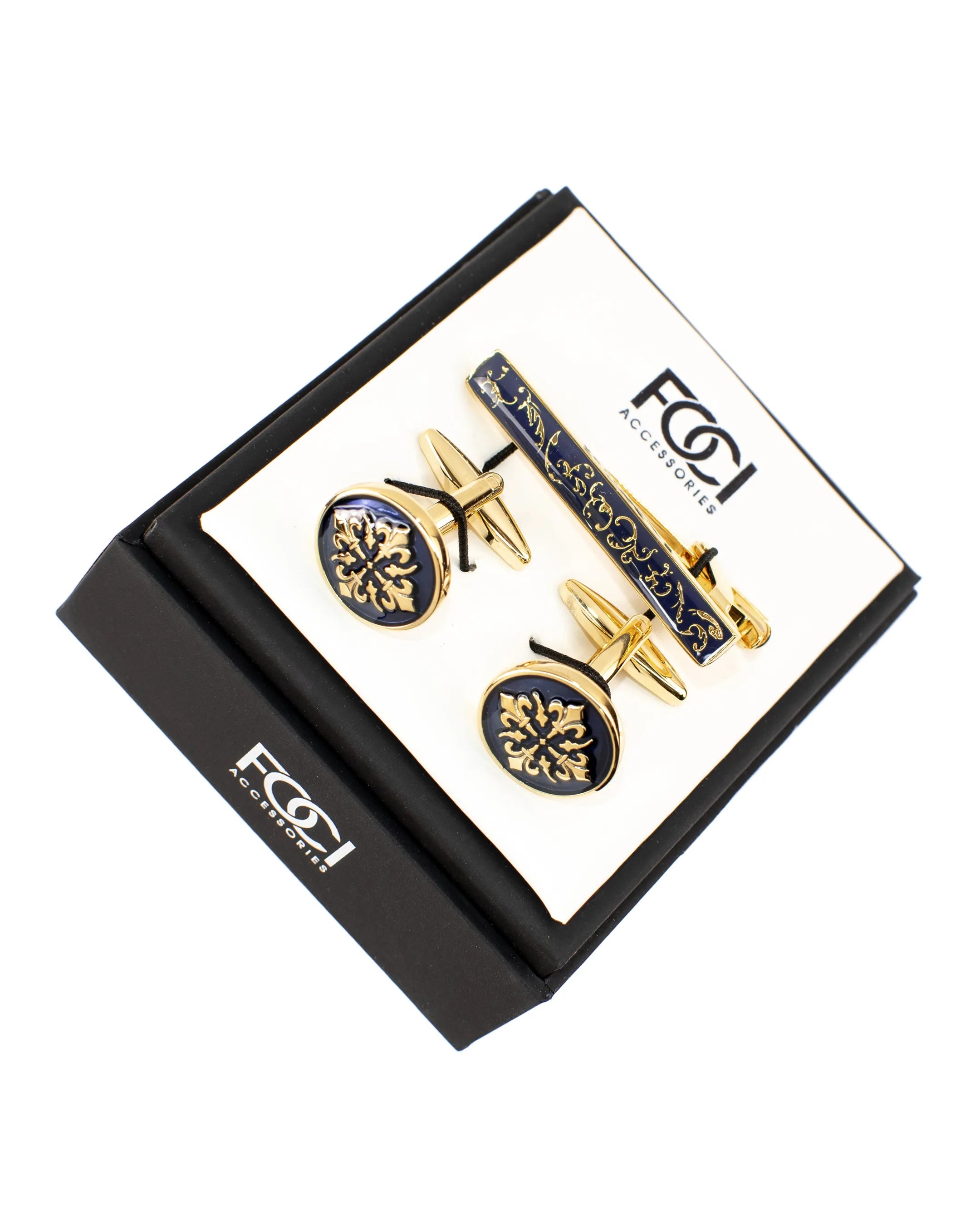Fleur de Lis Solar Cross Cufflinks & Tie-Bar Set