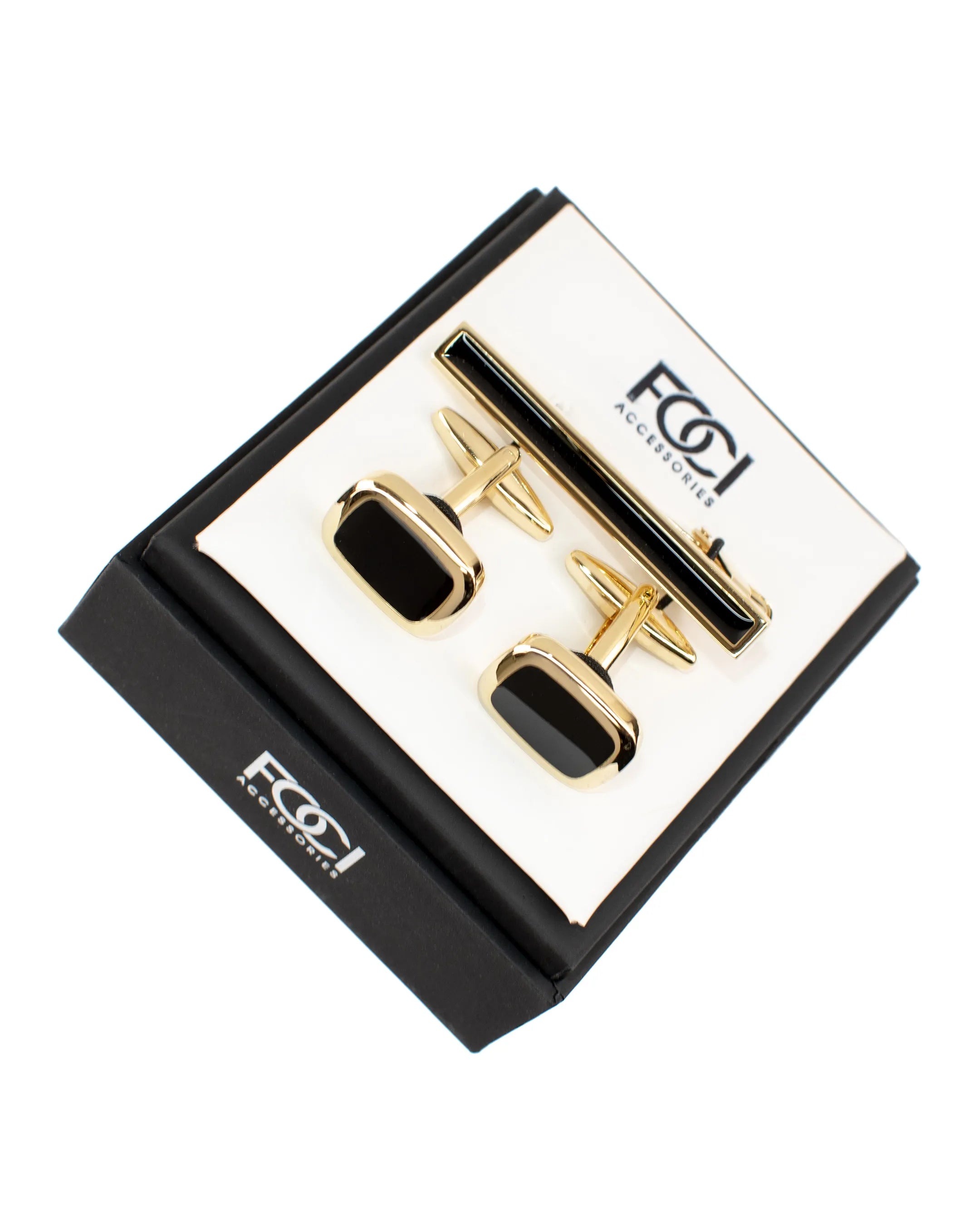 Gold & Black Enamel Cufflinks & Tie-Bar Set