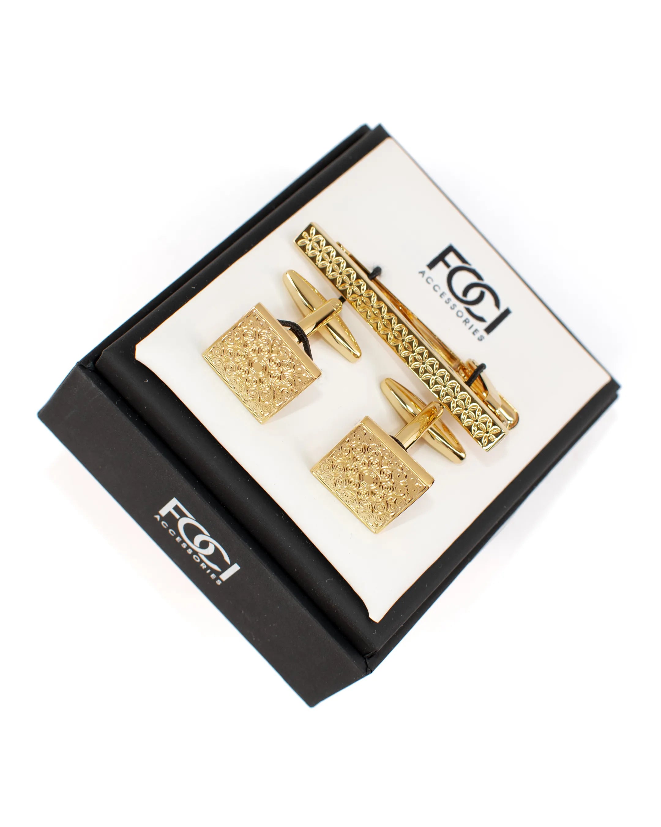 Gold Filigree Cufflinks & Tie-Bar Set