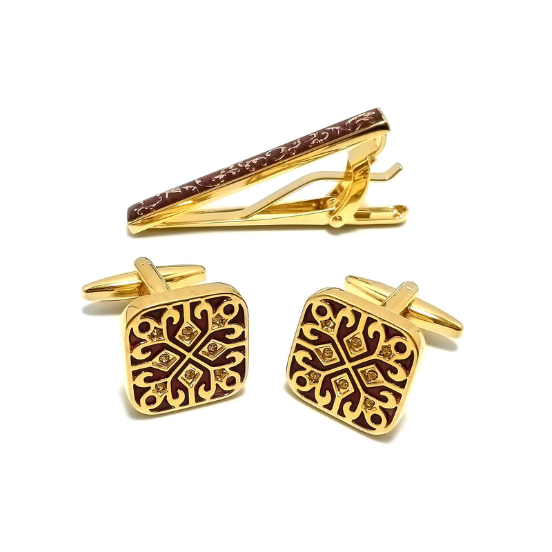 Gold Patterned Cufflinks & Tie-Bar Set