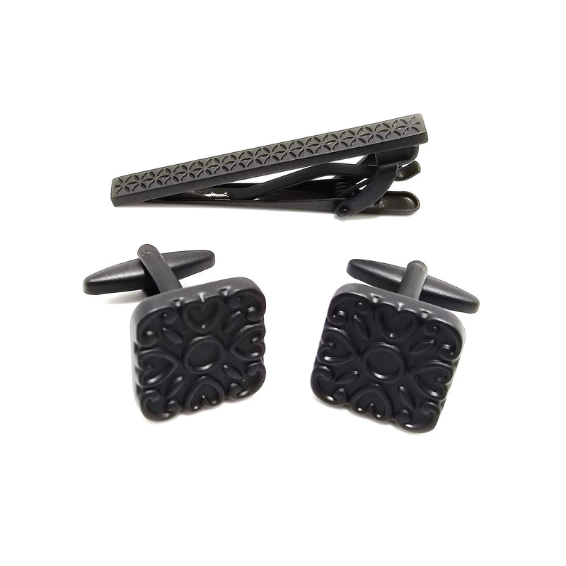 Black Patterned Cufflinks & Tie-Bar Set
