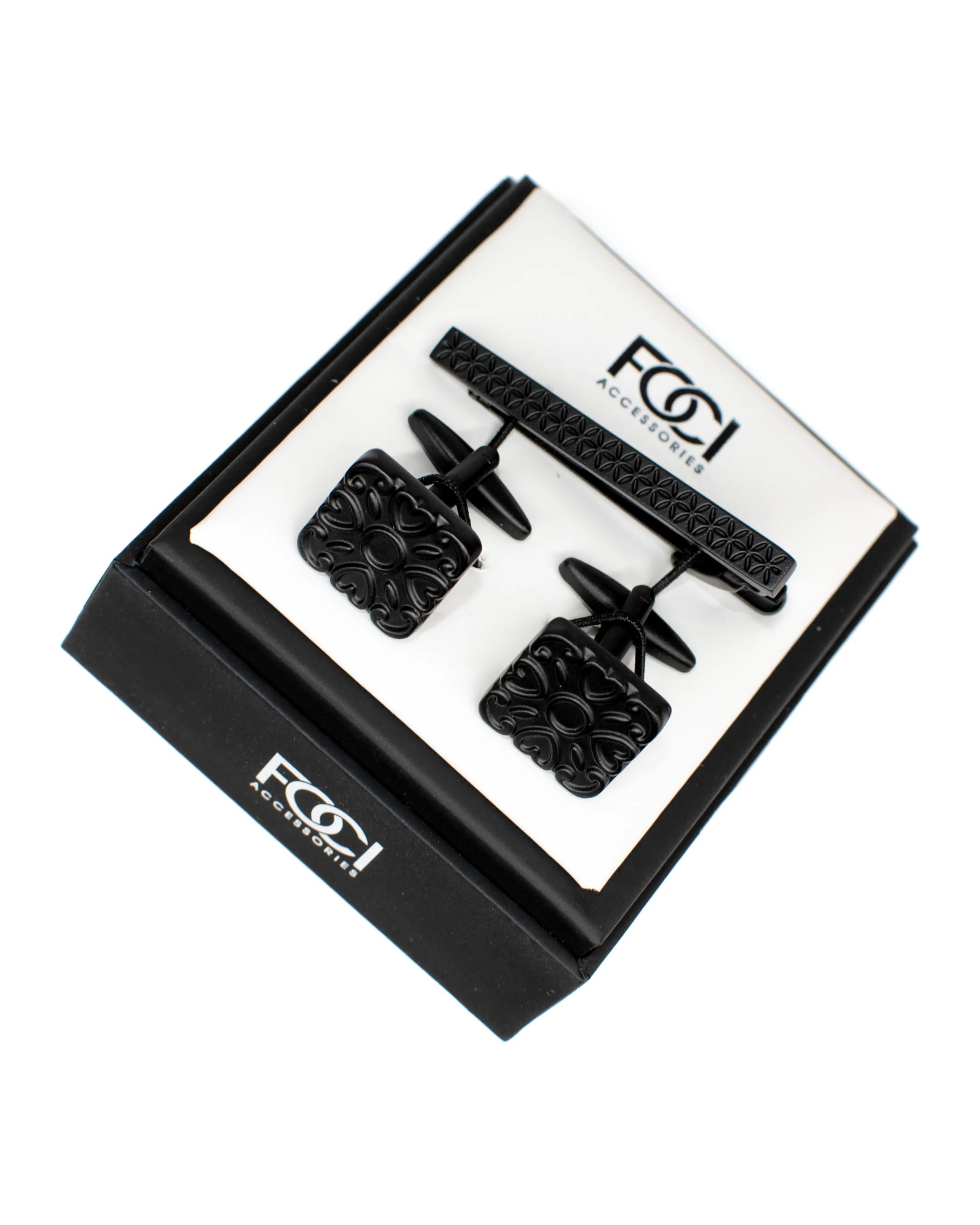 Black Patterned Cufflinks & Tie-Bar Set
