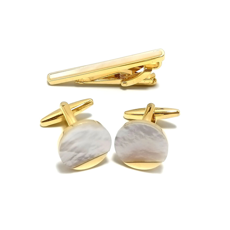 Gold & Mother of Pearl Cufflinks & Tie-Bar Set