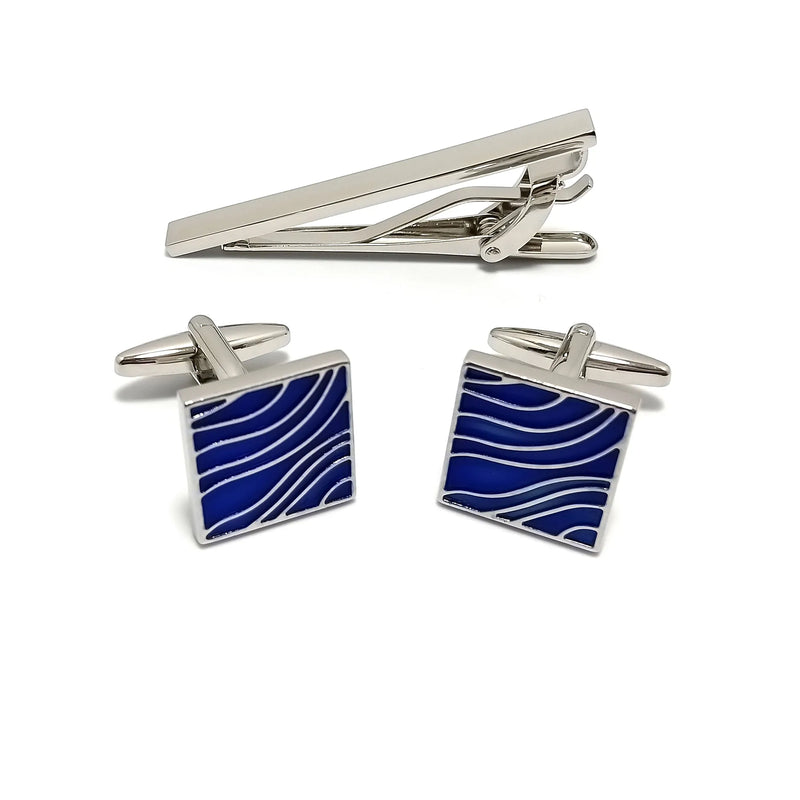 Silver Waves Cufflinks & Tie-Bar Set