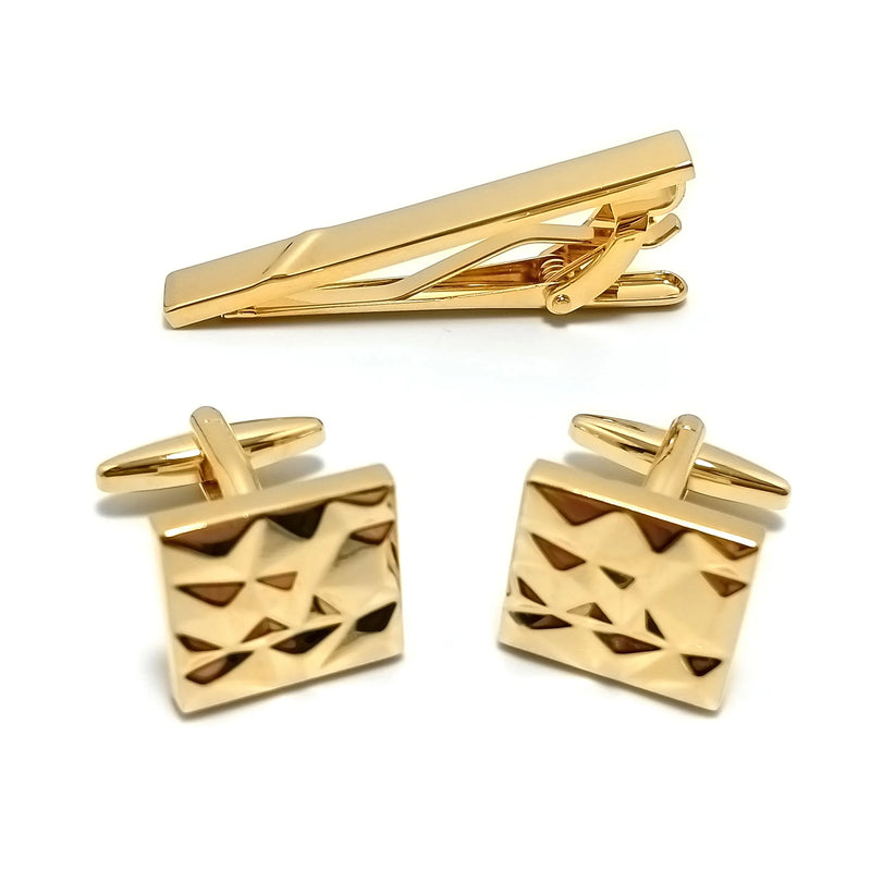 Gold Diamond Textured Cufflinks & Tie-Bar Set