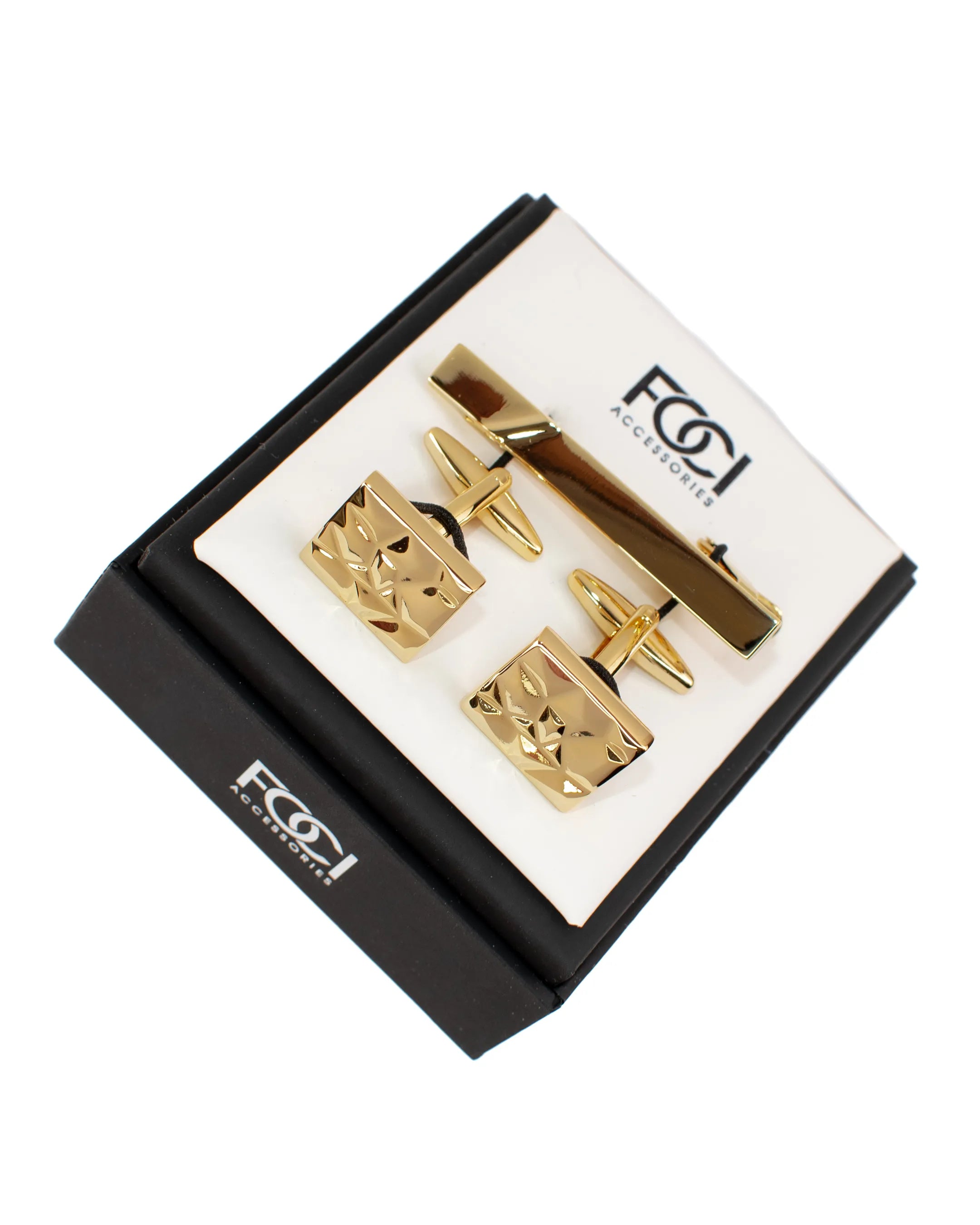 Gold Diamond Textured Cufflinks & Tie-Bar Set