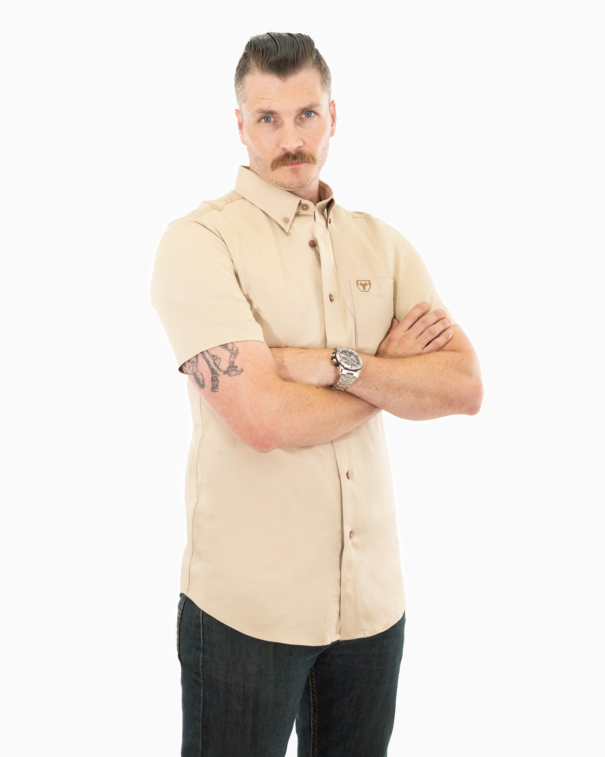 Beige Western Shirt | Stretch Solid Modern-Fit Shirt | Full Front | Dolce Vesta 