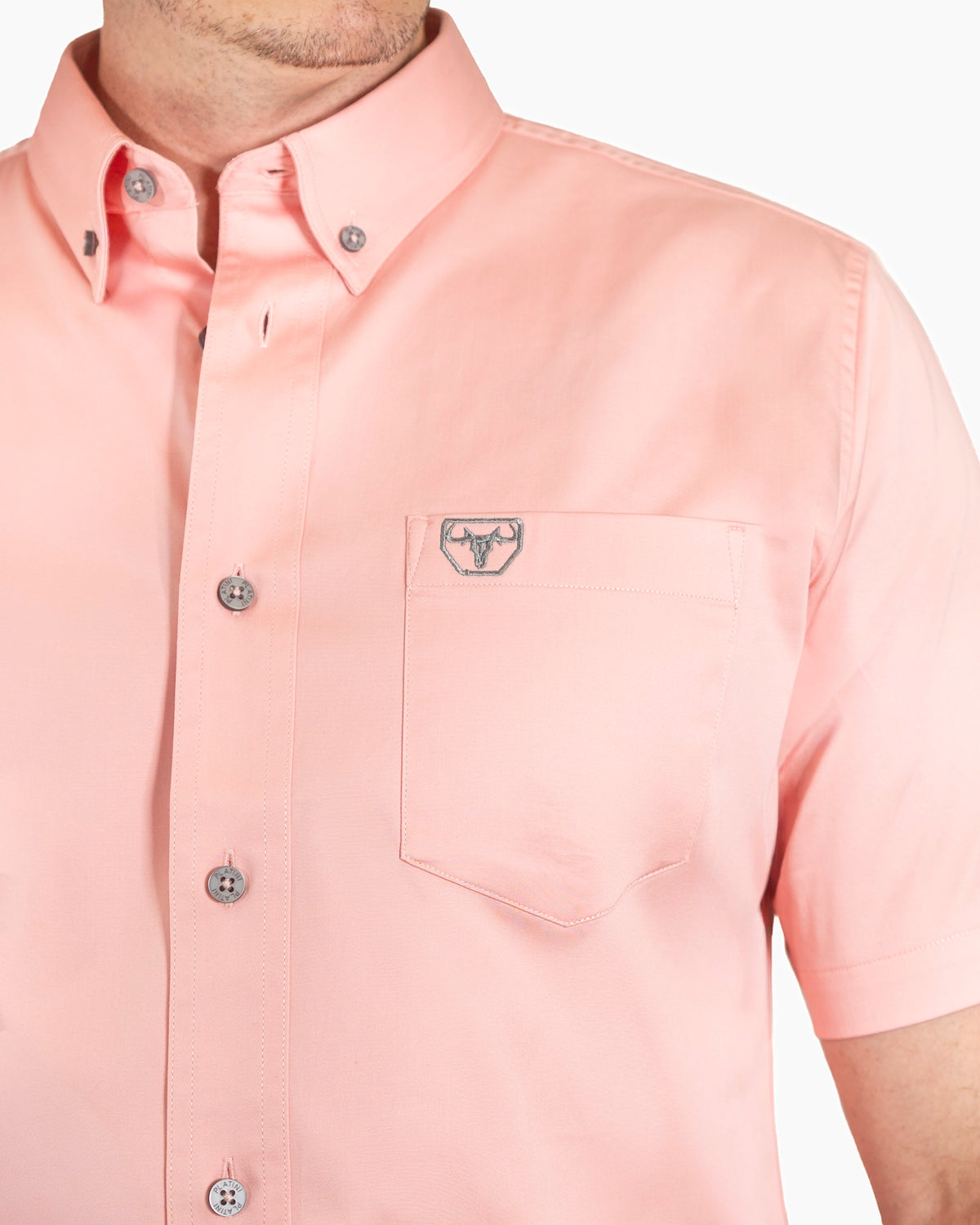 Pink Western Shirt | Stretch Solid Modern-Fit Shirt | Collar, Buttons, and Pocket Closeup | Dolce Vesta 