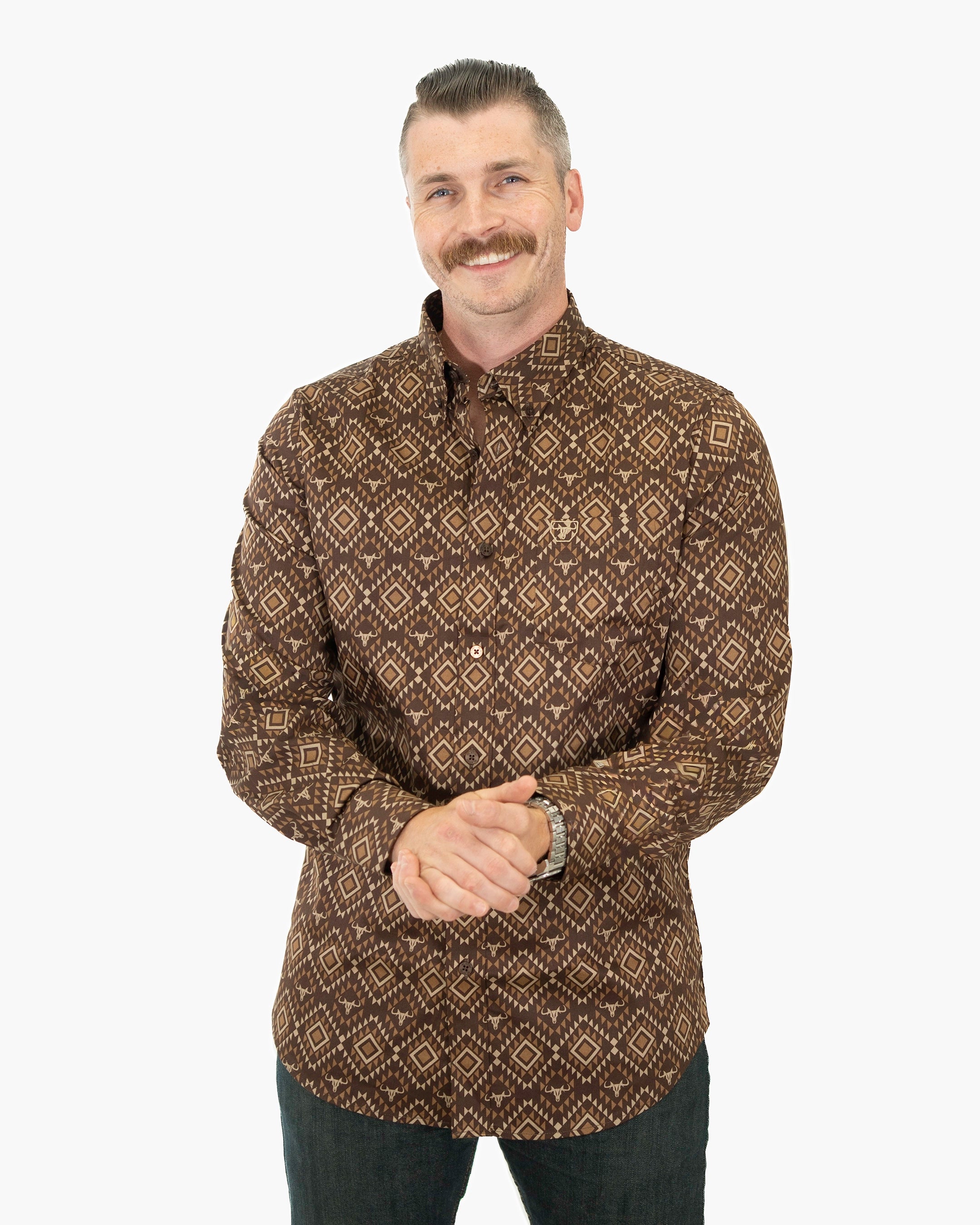 Brown Southwestern Diamond Stretch Modern Fit Shirt | Casual | Dolce Vesta