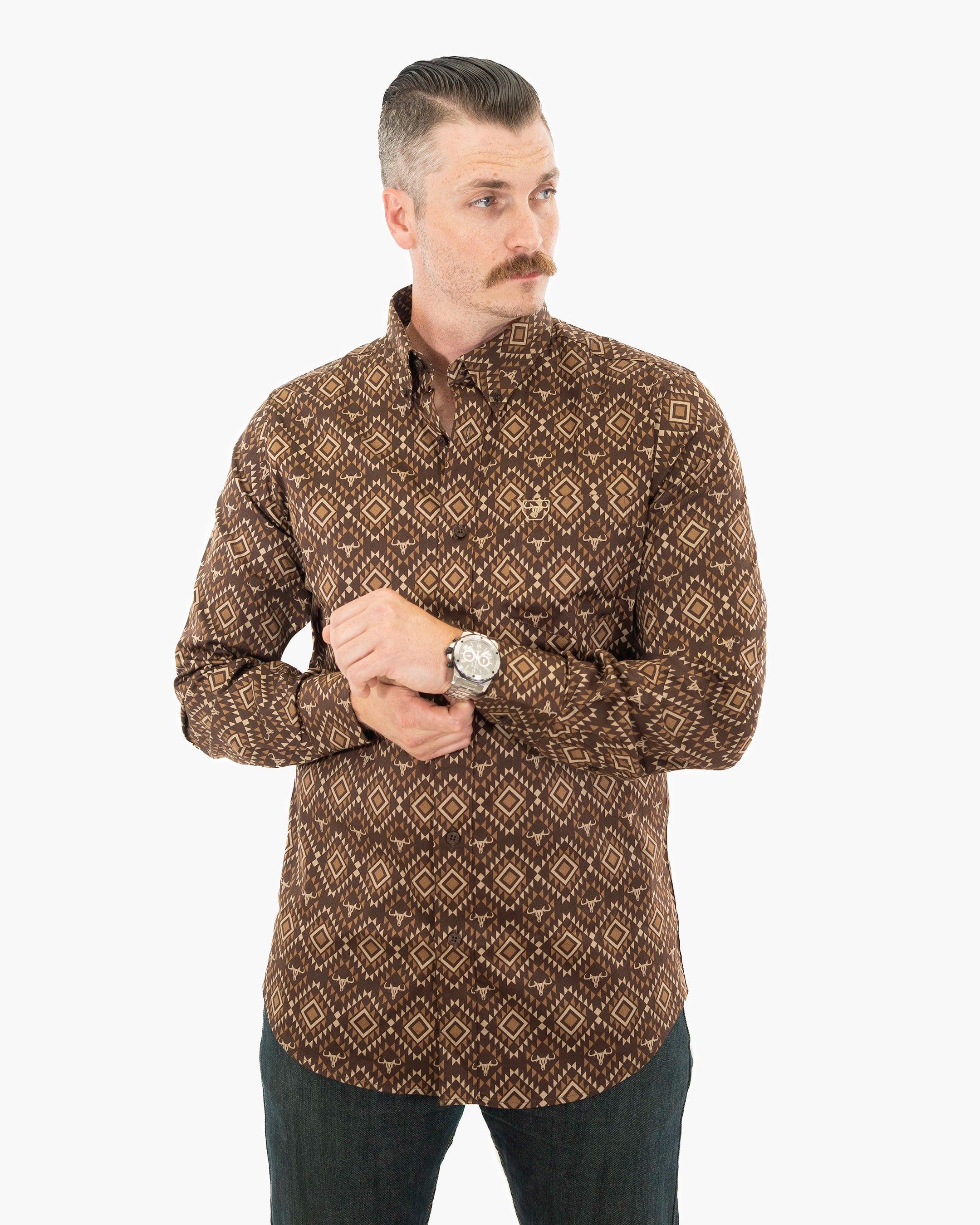 Brown Southwestern Diamond Stretch Modern Fit Shirt | Front | Dolce Vesta