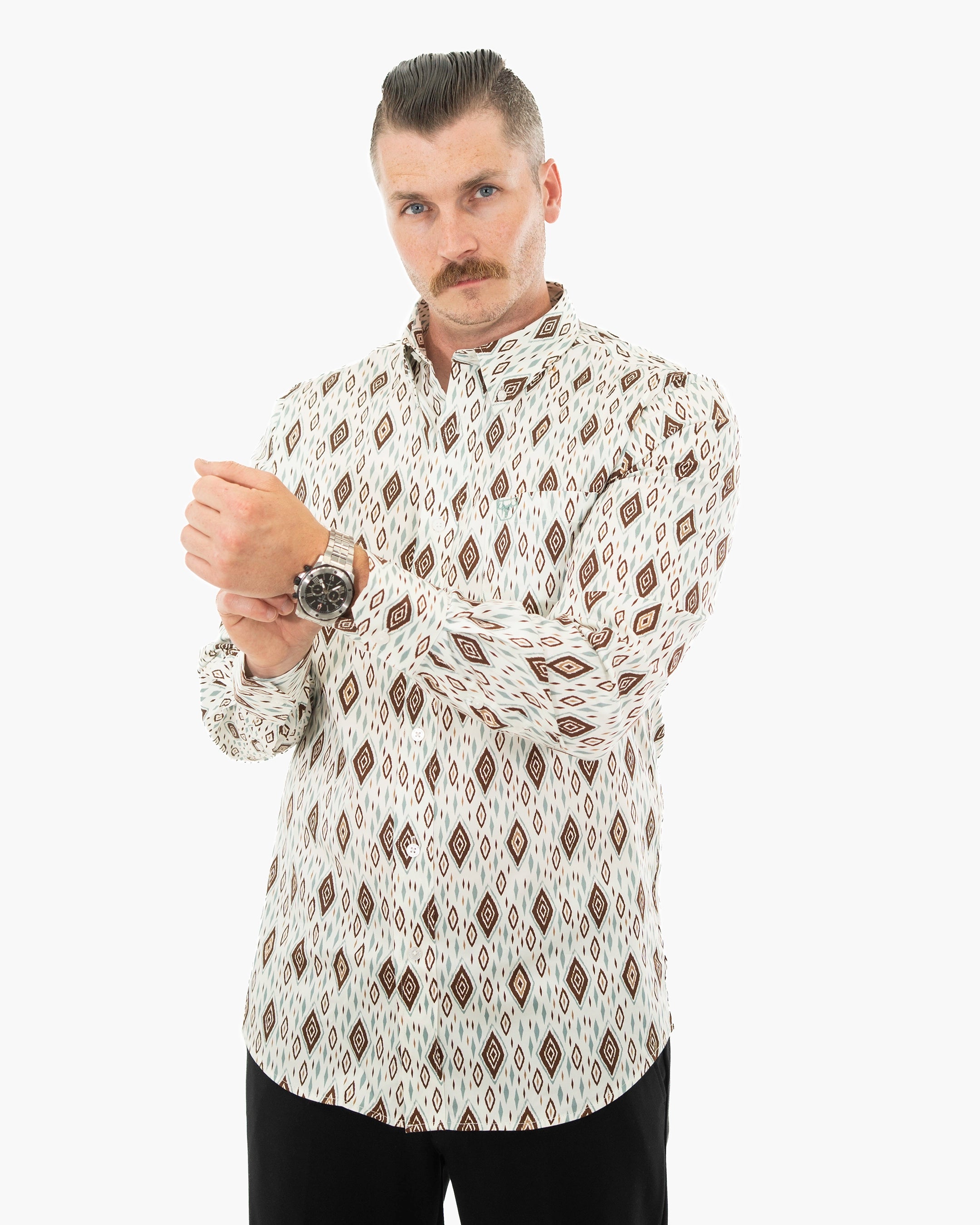 White Southwestern Diamond Stretch Modern Fit Shirt | Casual | Dolce Vesta