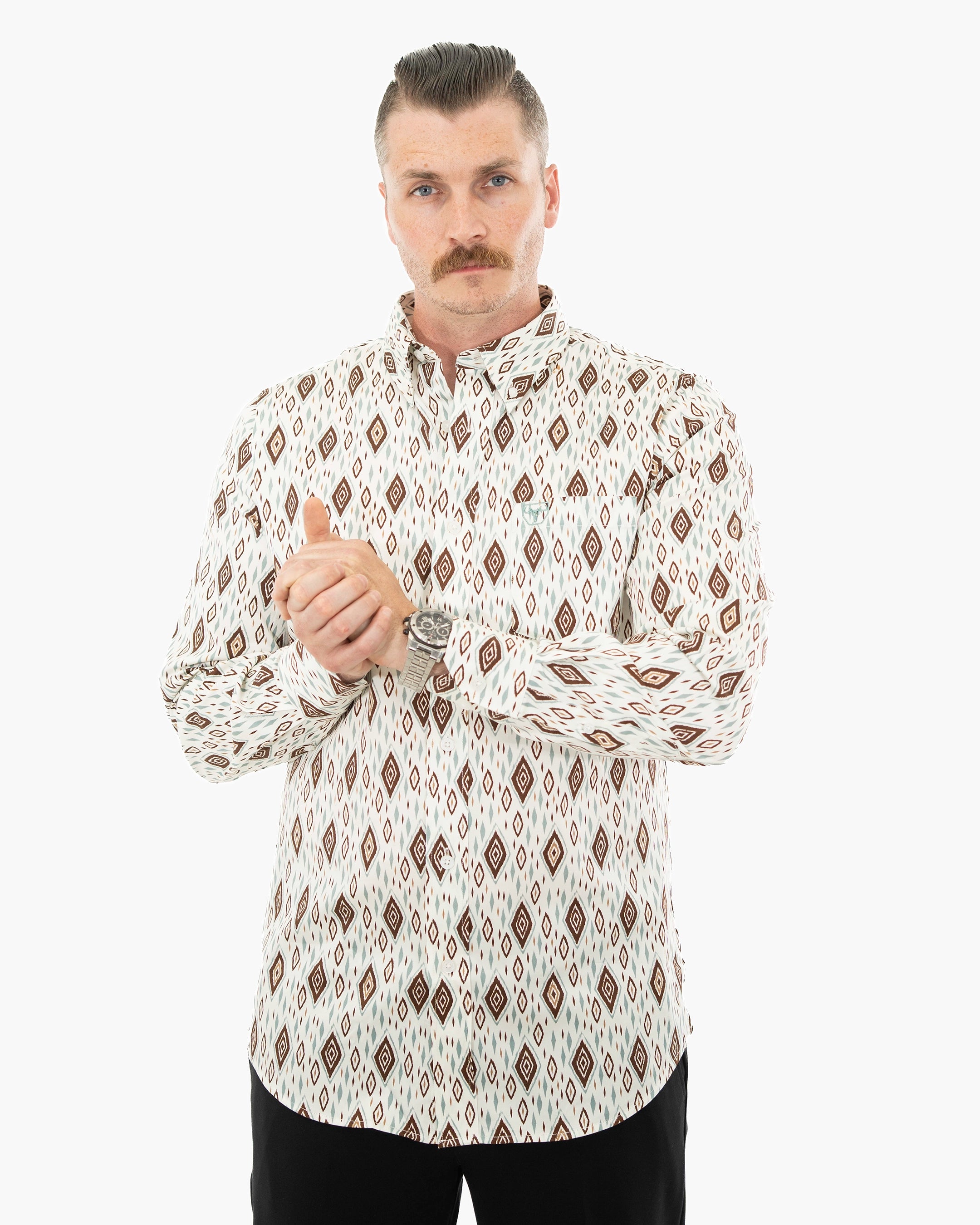 White Southwestern Diamond Stretch Modern Fit Shirt | Front | Dolce Vesta