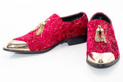 Red Velvet and Gold Flake Tasseled Smoking Loafer