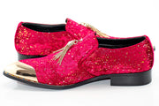 Red Velvet and Gold Flake Tasseled Smoking Loafer