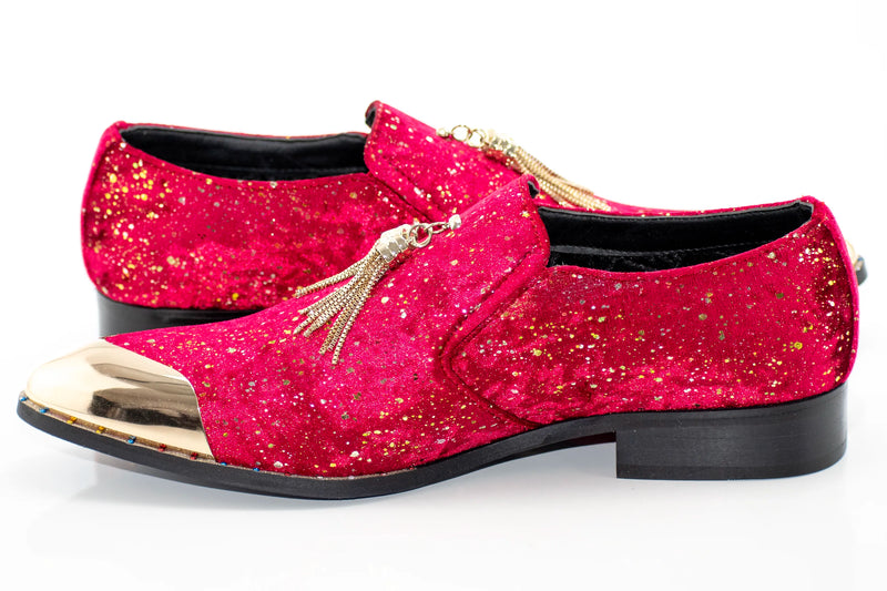 Red Velvet and Gold Flake Tasseled Smoking Loafer
