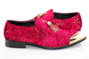Red Velvet and Gold Flake Tasseled Smoking Loafer