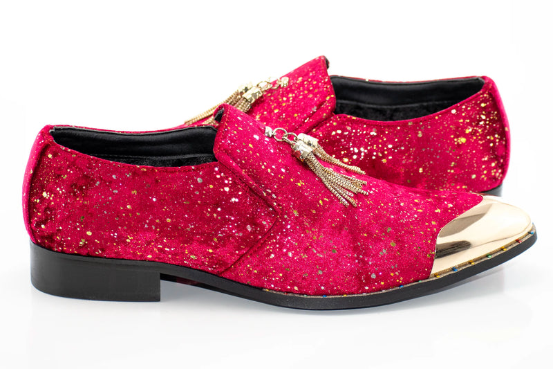 Red Velvet and Gold Flake Tasseled Smoking Loafer