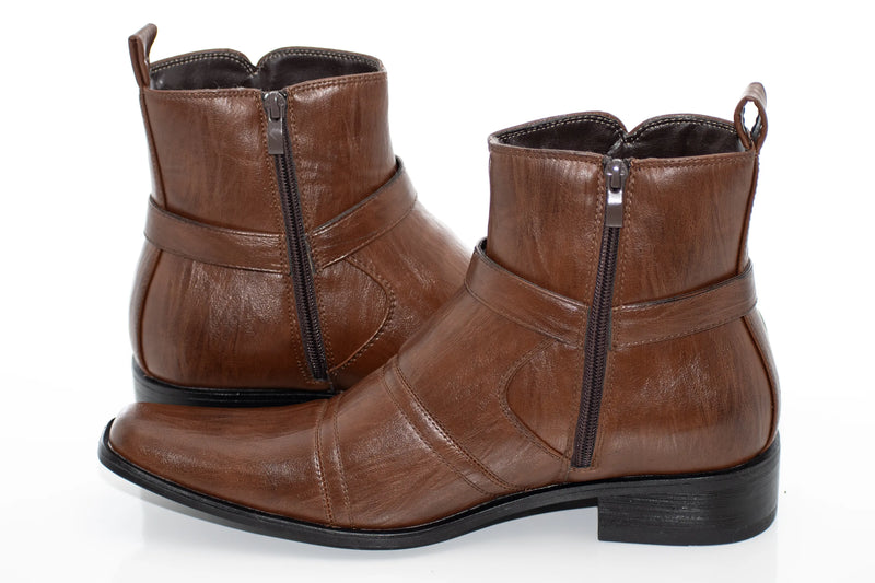 Brown Strap Zip-Boot Square-Toe