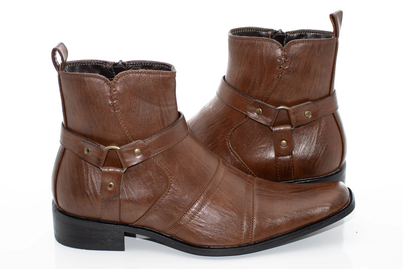 Brown Strap Zip-Boot Square-Toe