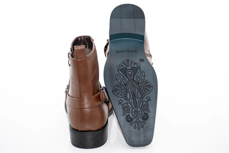 Brown Western Chelsea  Zip-Boot With Chain