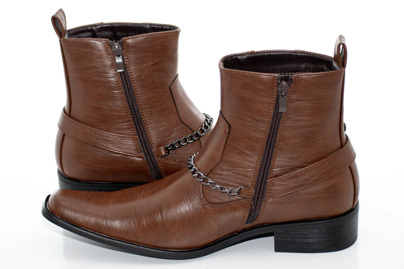 Brown Western Chelsea  Zip-Boot With Chain