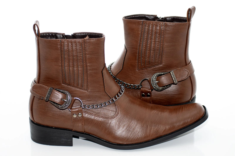 Brown Western Chelsea  Zip-Boot With Chain