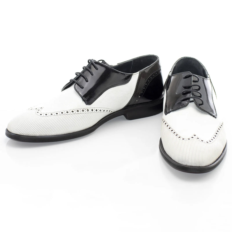 White Brogue Leather with Black Patent Leather Derby Lace-Ups