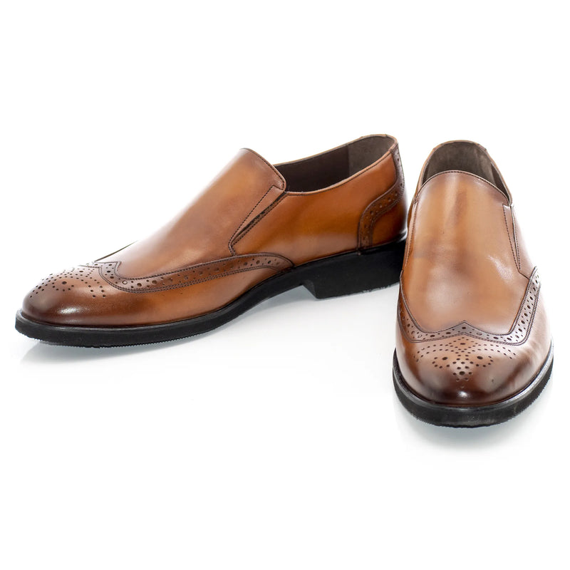 Camel Brogue Slip-On Dress Loafer