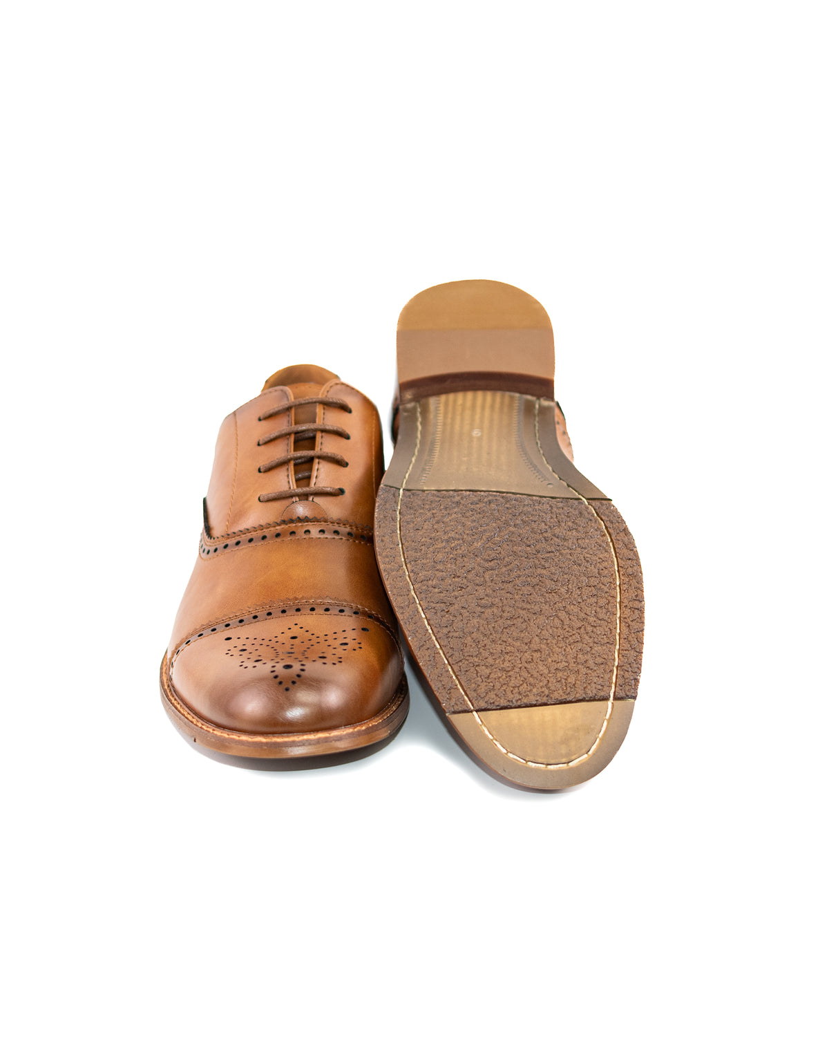 Dark Cognac Medallion Cap-Toe Oxford Shoes | Bottom View | Dolce Vesta