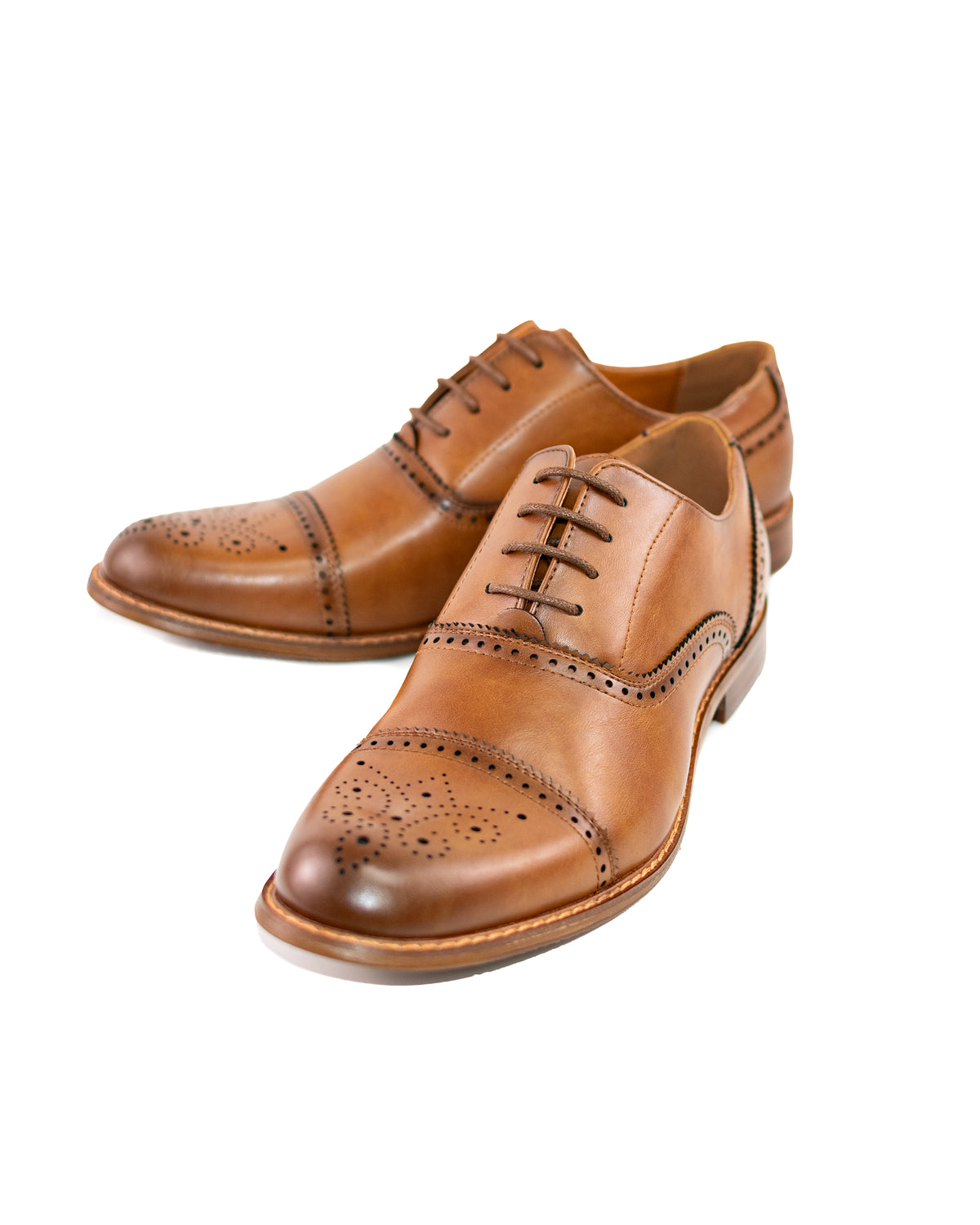 Dark Cognac Medallion Cap-Toe Oxford Shoes | Front View | Dolce Vesta